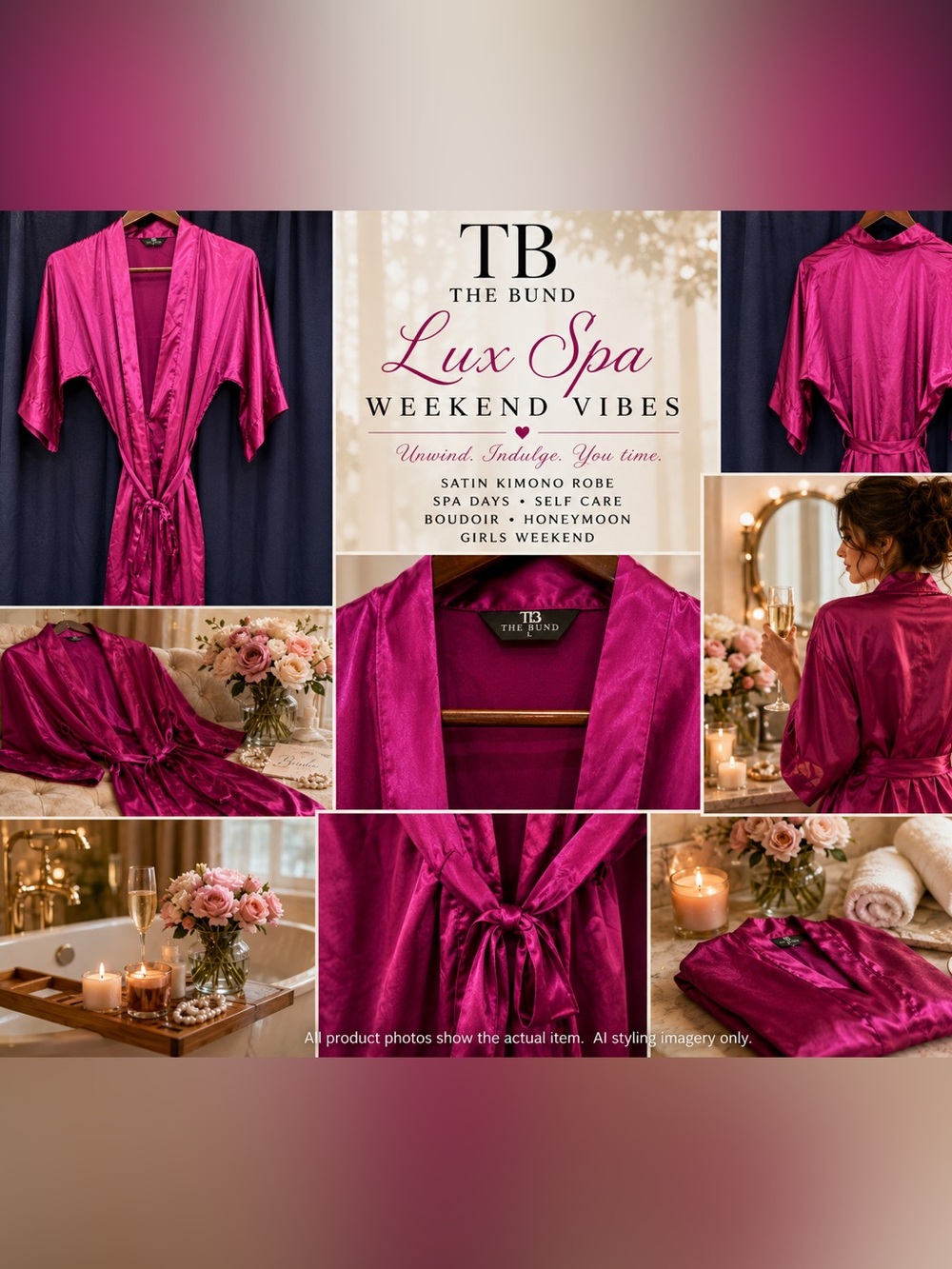EUC TB The Bund Fuchsia Satin Kimono Robe L Spa Boudoir Honeymoon Luxury pockets
